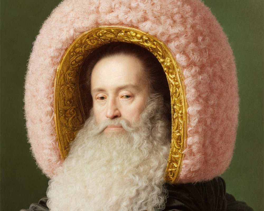 Exaggerated pink fur hat portrait in ornate gold frame