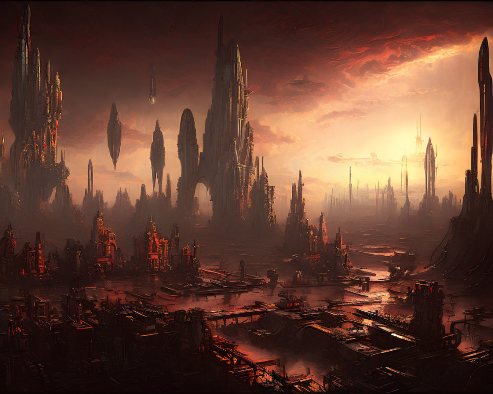 Dystopian landscape with towering spires and red sky