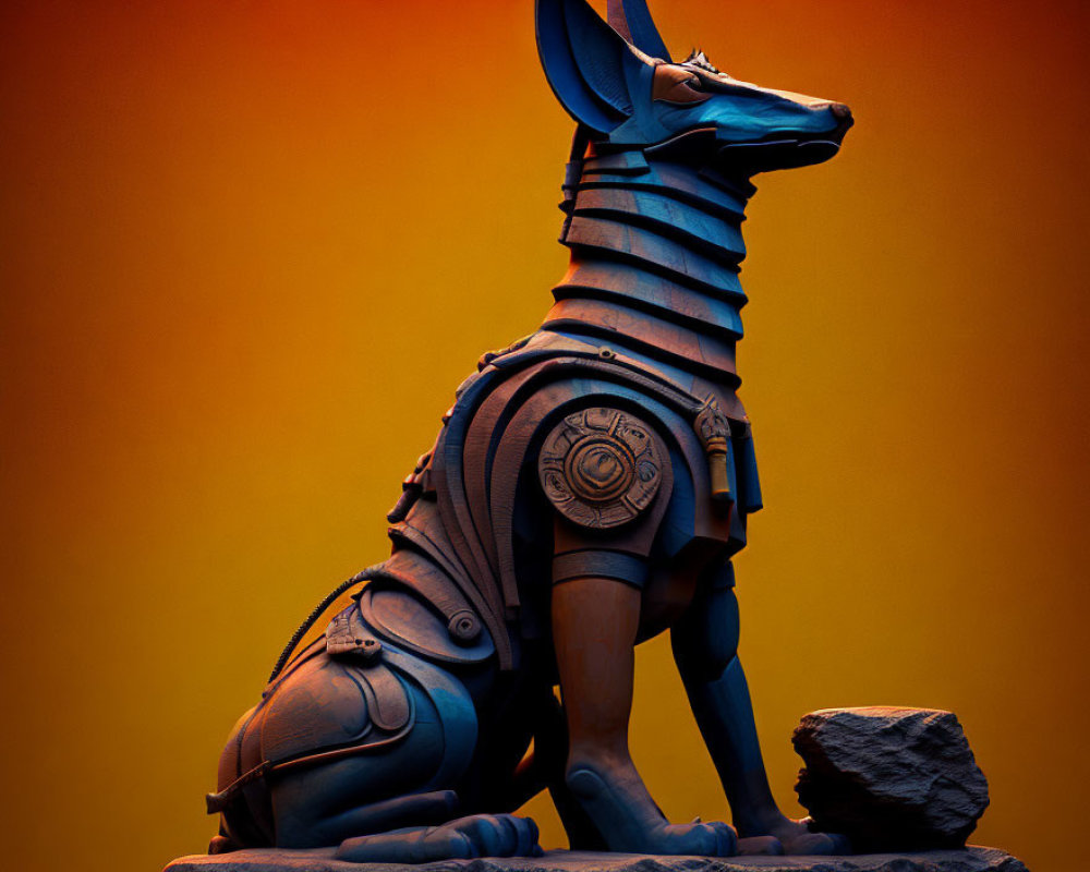 Egyptian God Anubis Statue Profile on Orange Background with Armor Plates