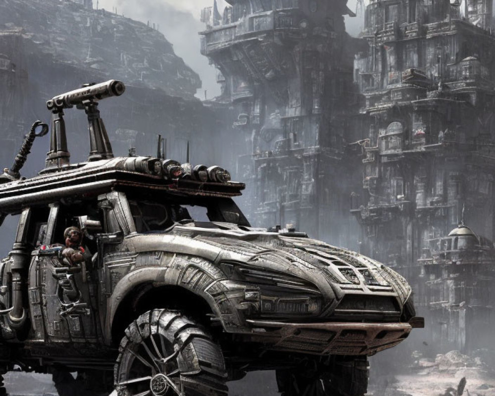 Dystopian landscape with rugged vehicle and large tires