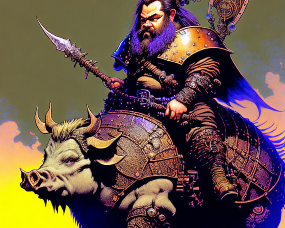 Bearded warrior on armored boar with small figure, yellow sky