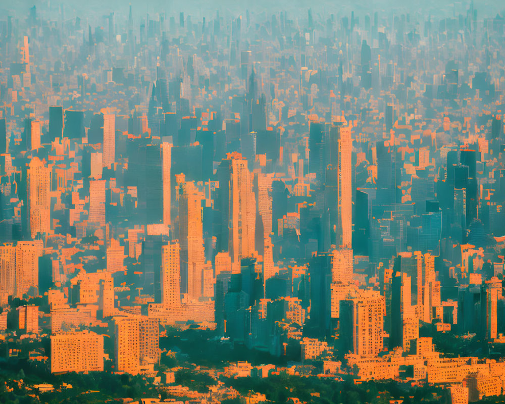 Golden-lit dense cityscape with high-rise buildings