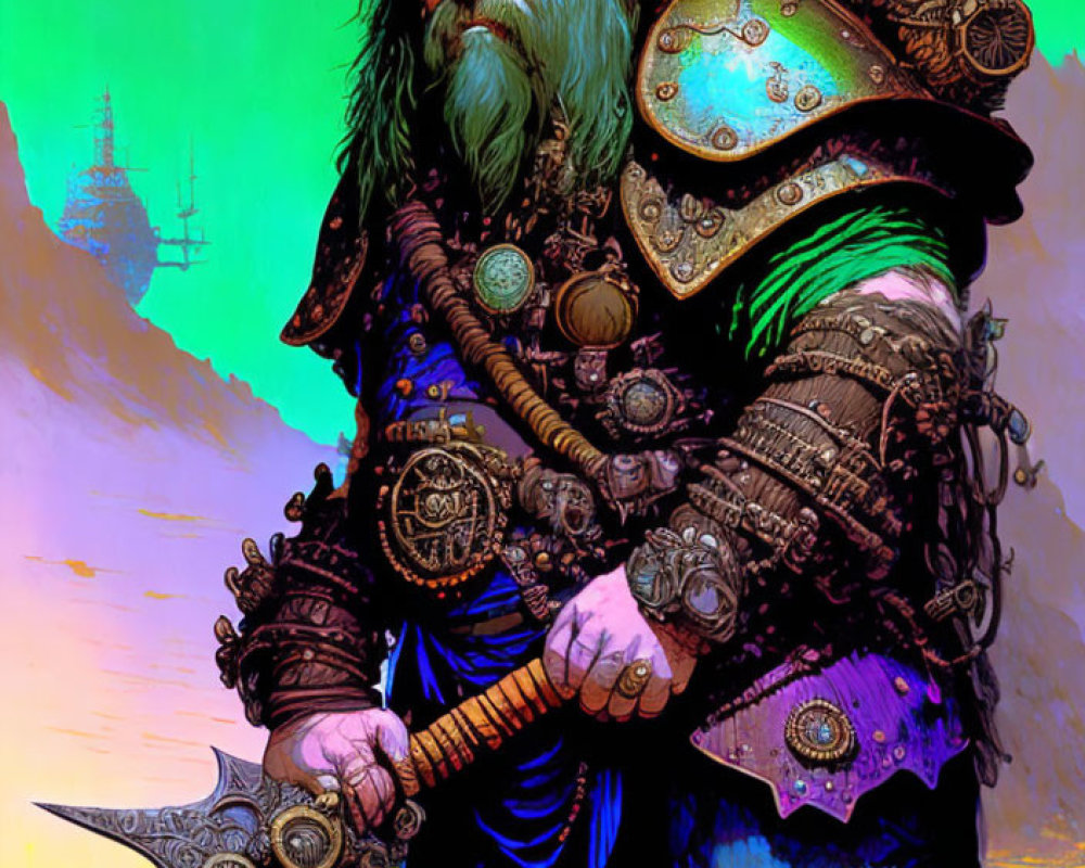 Fantasy dwarf warrior in armor with battleaxe and beard against colorful backdrop