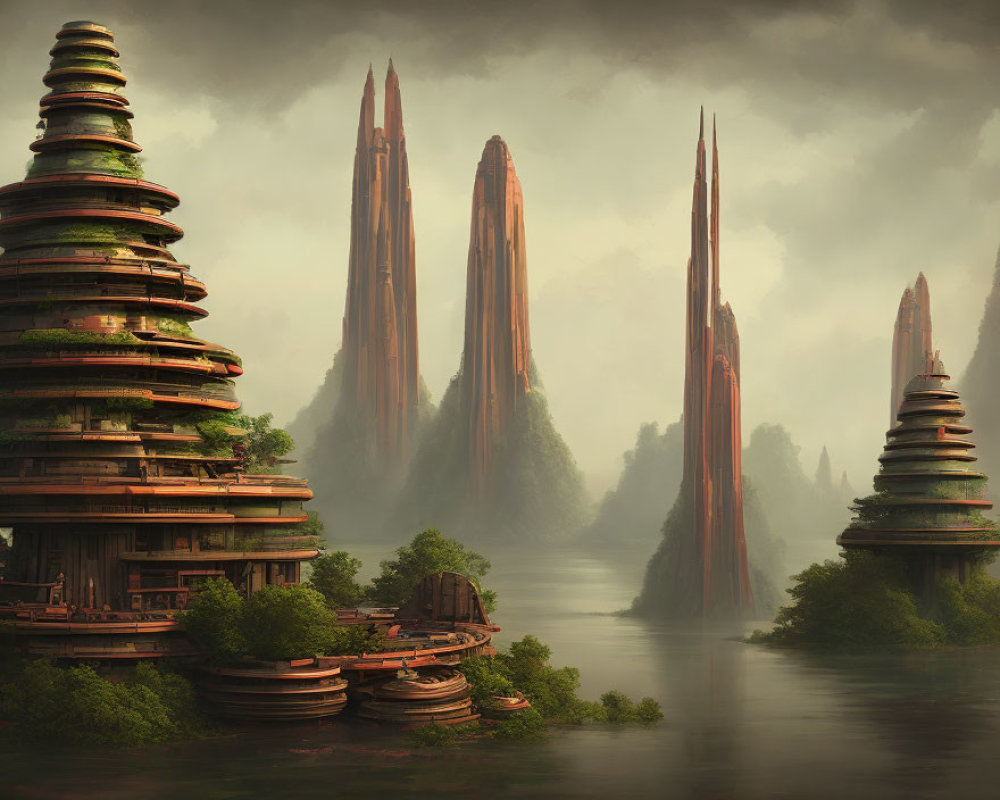 Fantasy landscape with towering spires and misty river