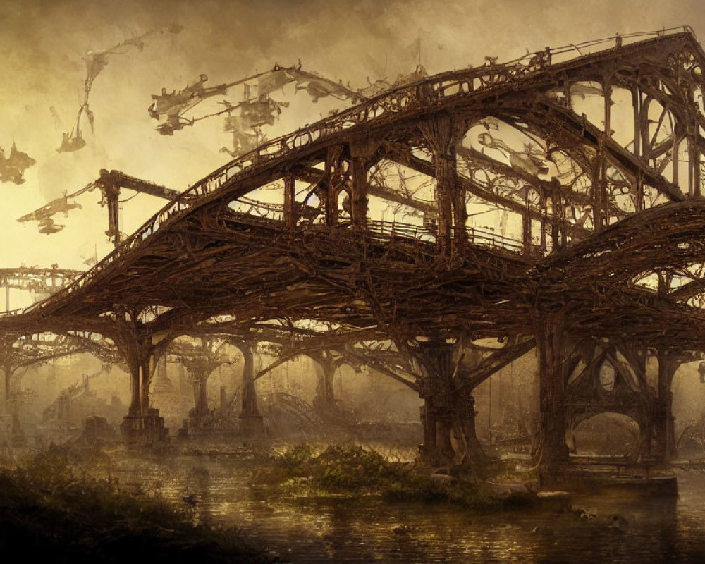 Dystopian industrial bridge with cable cars in foggy landscape