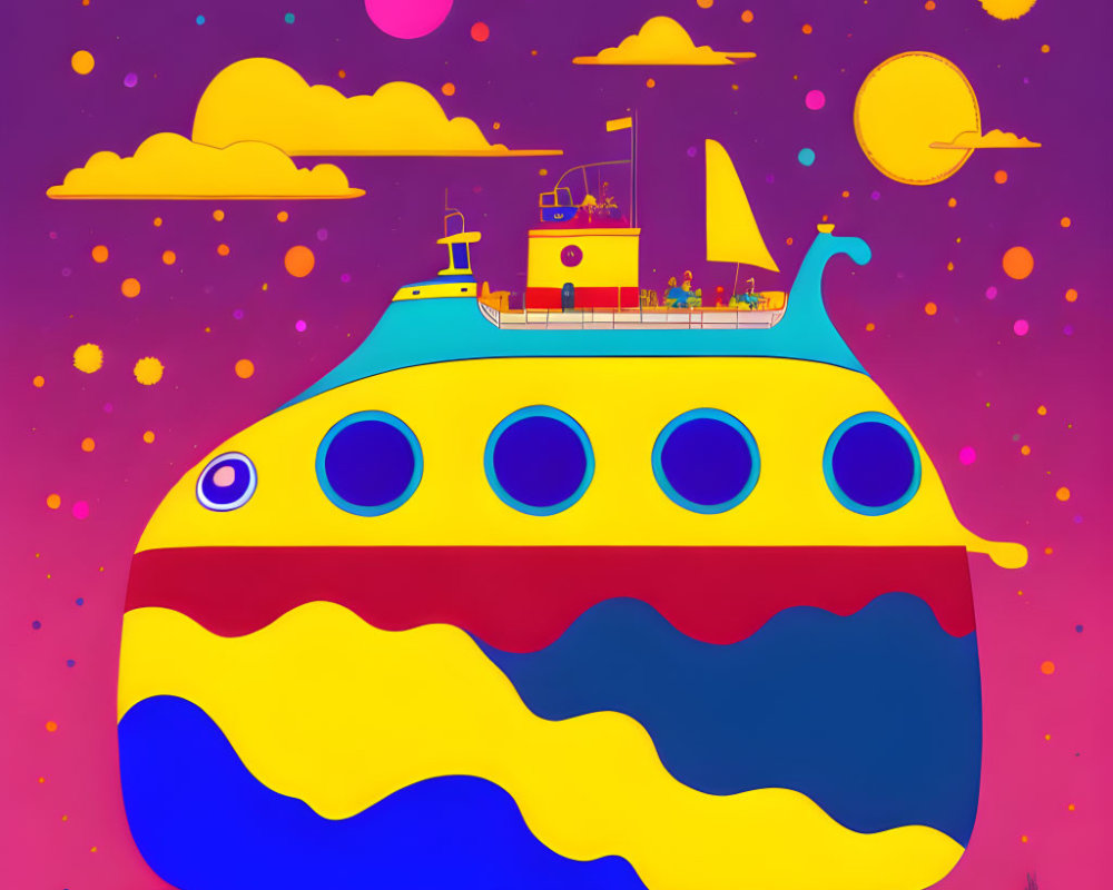 Vibrant Whimsical Ship Illustration on Purple Background