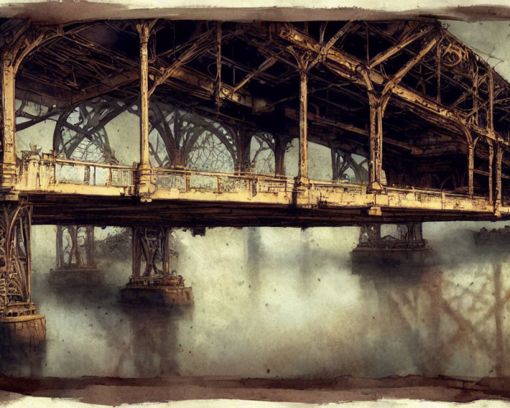 Aged metal bridge with intricate trusses reflected in water - vintage sepia-toned atmosphere