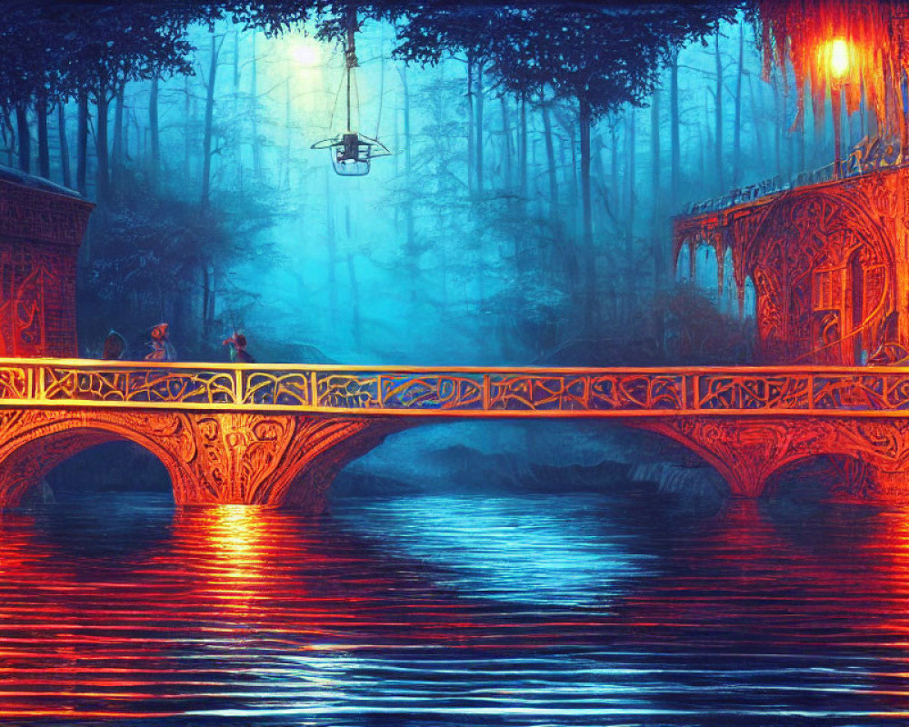 Fantastical illuminated scene: figures crossing ornate bridge over blue river, helicopter overhead, mystical fog