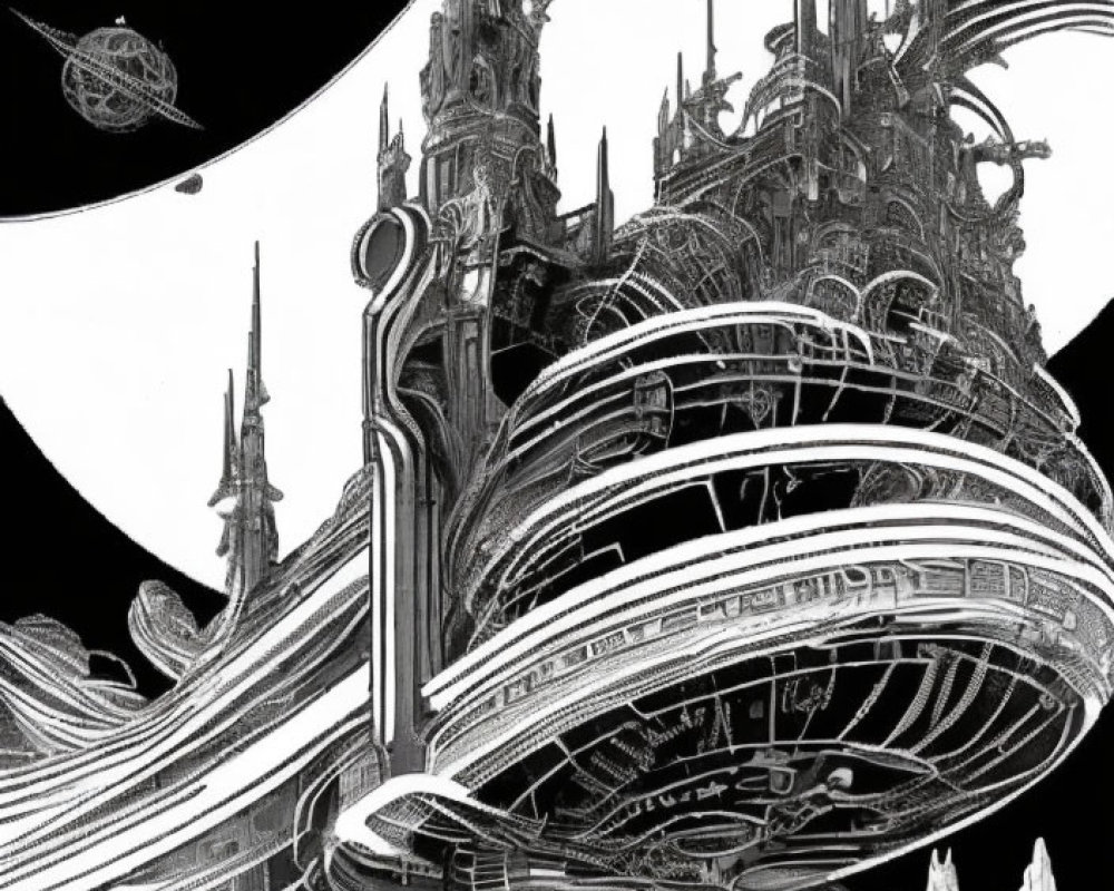 Monochrome sci-fi illustration of futuristic city structures and celestial orbs