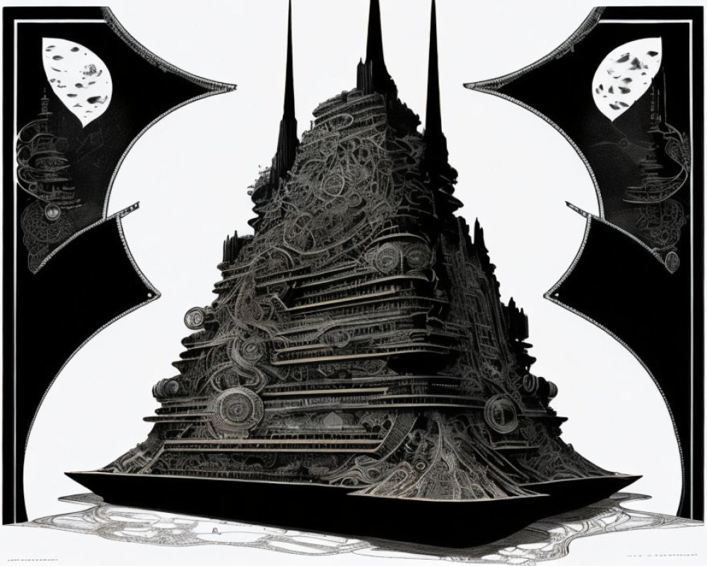 Detailed black and white illustration of gothic tower with mechanical elements and crescent moons