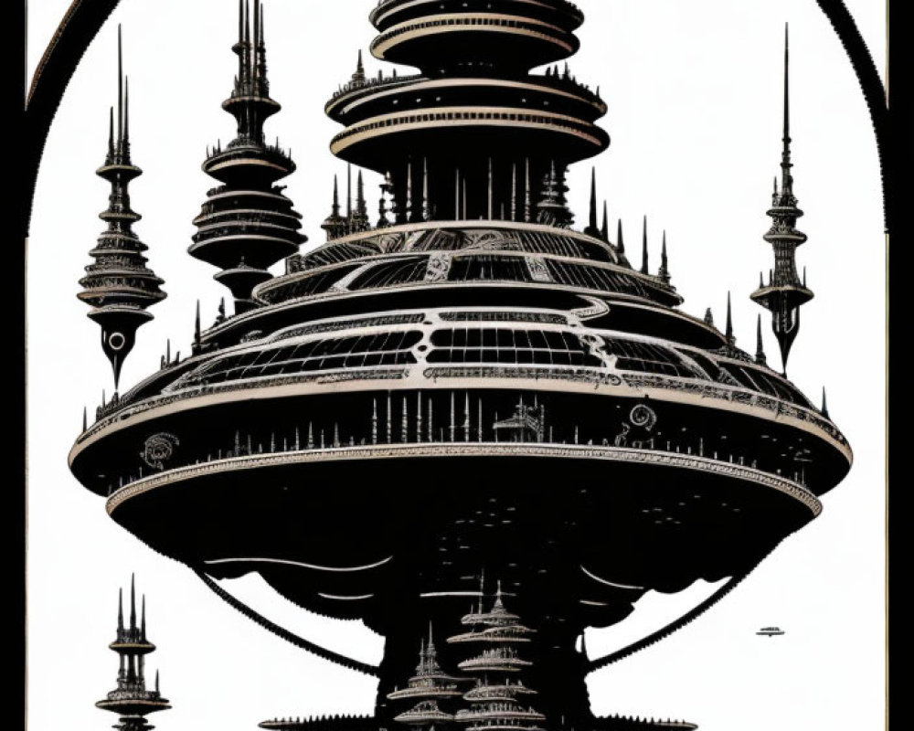 Detailed Dark Futuristic Cityscape with Spires & Central Tower