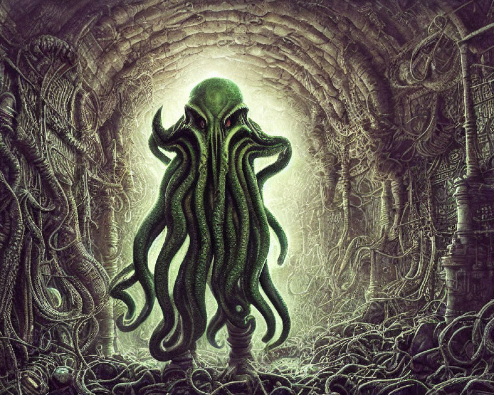 Detailed Green Tentacled Creature in Elaborate Tunnel