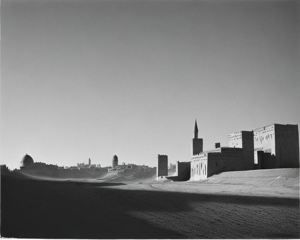 Monochrome desert landscape with Middle Eastern skyline.