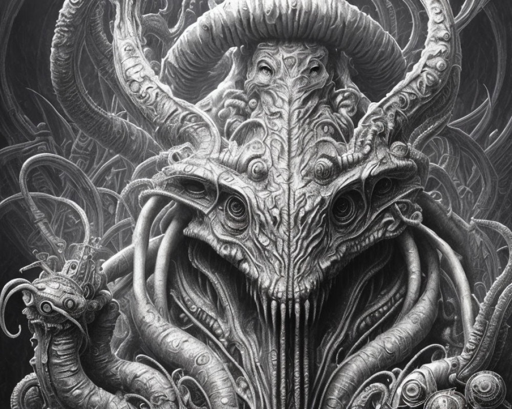 Detailed monochrome creature illustration with tentacles, horns, and multiple eyes.