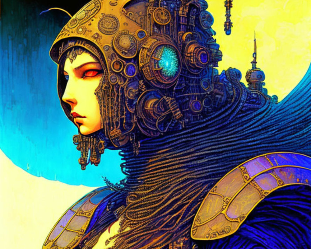 Detailed futuristic woman illustration in vibrant blue and gold colors