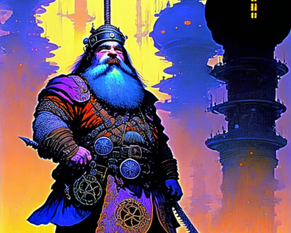 Majestic dwarf king in ornate armor with spires background