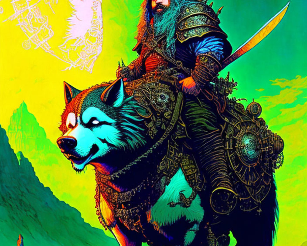 Fantasy illustration of dwarf warrior on armored wolf in vibrant setting