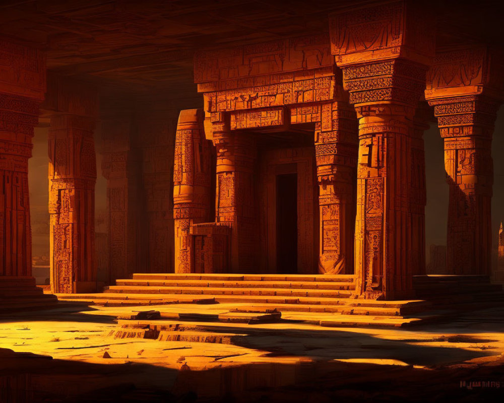 Ancient temple with ornate pillars and steps in warm golden light