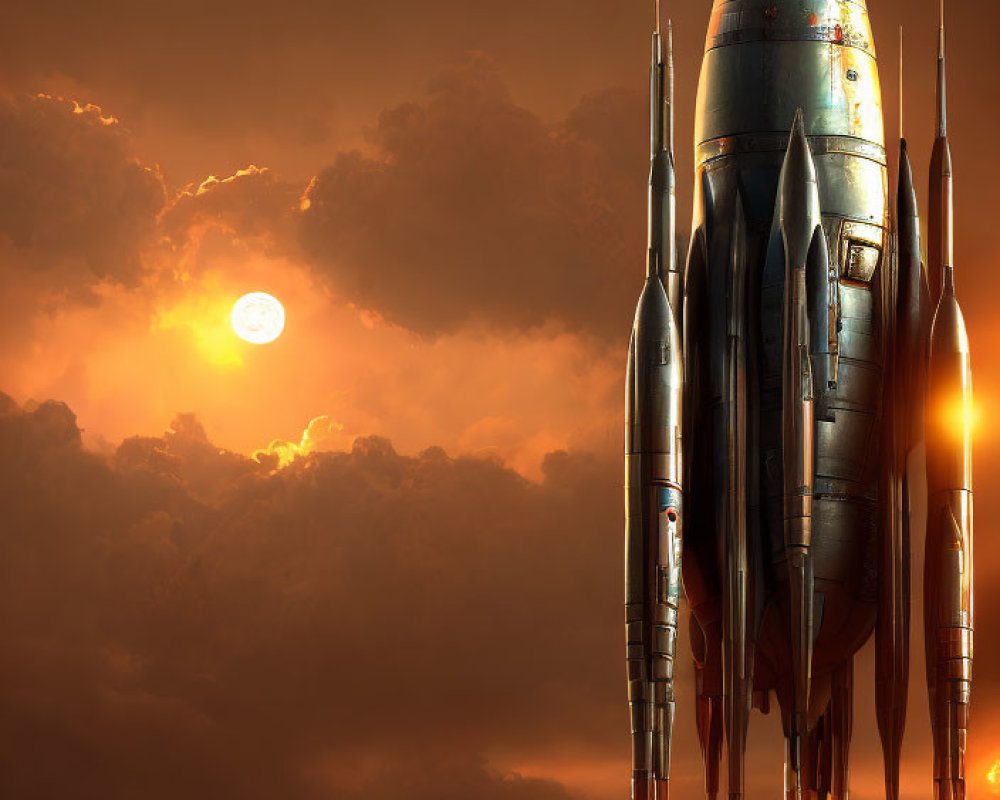 Futuristic rocket launching at sunset with warm glow