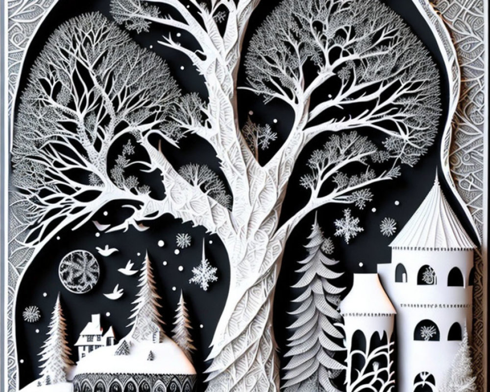 Detailed Black and White Paper Cut Art of Symmetrical Tree and Fantasy Landscape