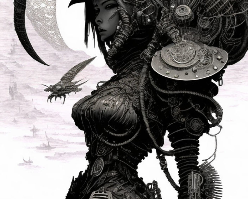 Monochrome futuristic armored female figure with mechanical details and horned helmet, surrounded by dragon-like creatures and