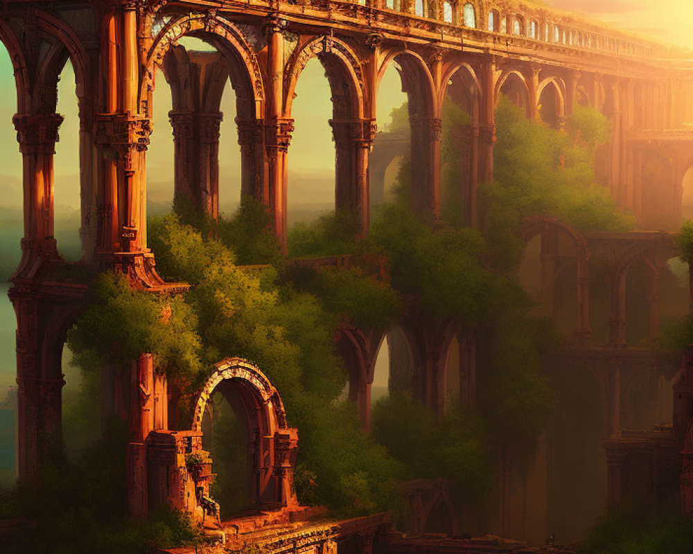 Ancient Roman aqueduct ruins in sunset glow amidst lush foliage