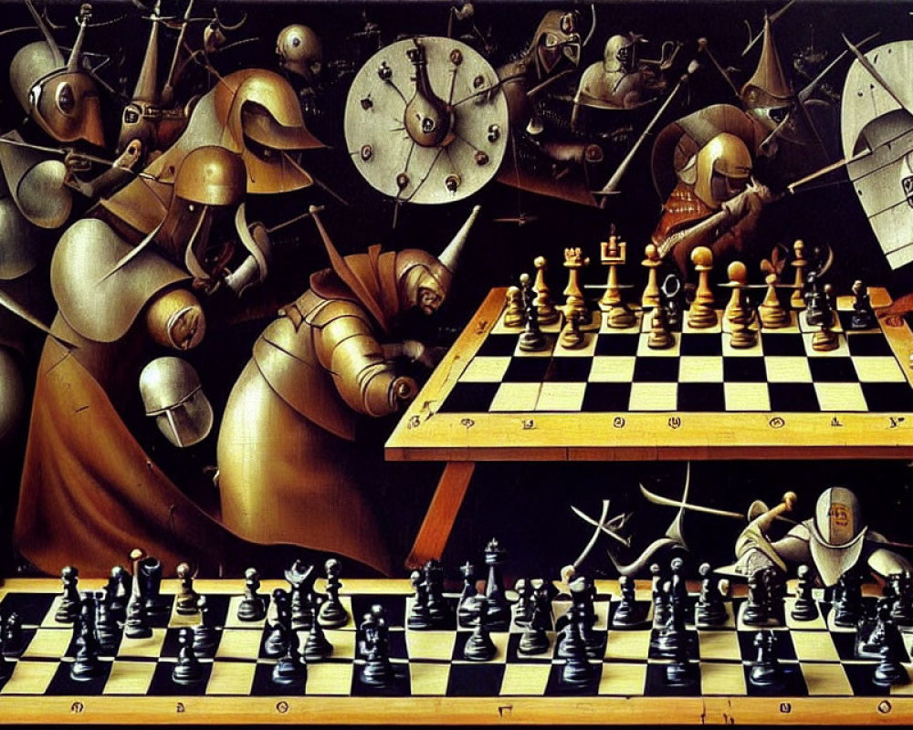 Surreal artwork of mechanical chess game with rich color palette