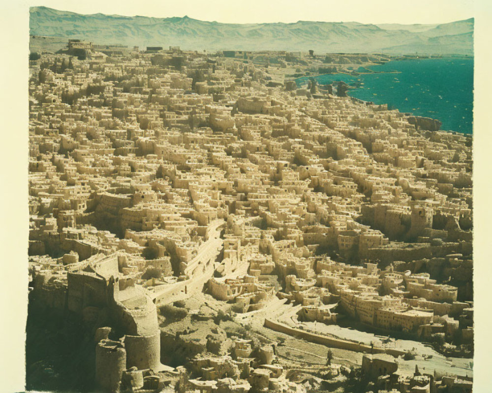 Traditional mud-brick labyrinth with river, hills, and clear sky