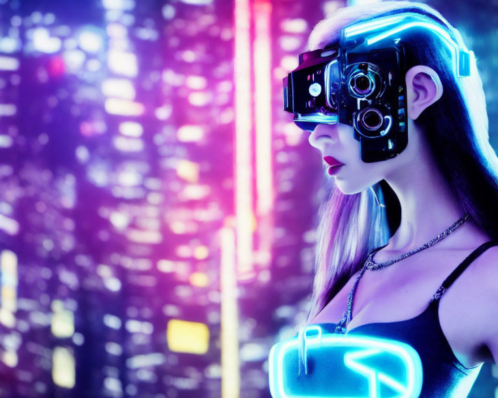 Futuristic VR goggles on woman in neon-lit cyberpunk cityscape