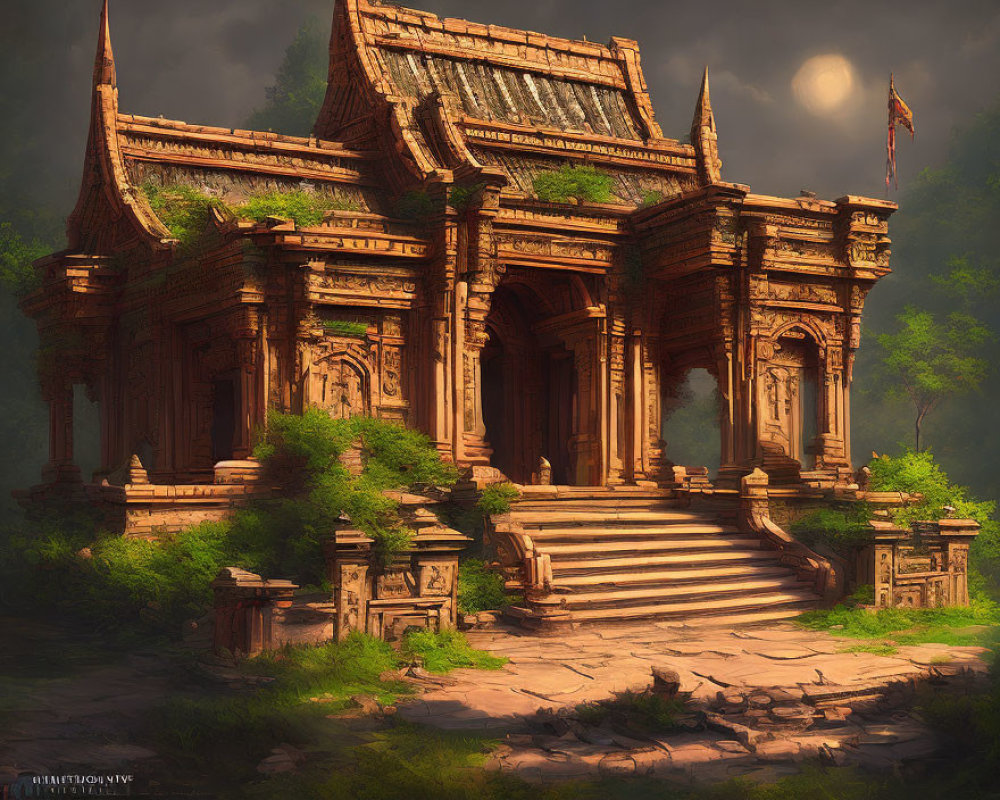 Ancient temple with intricate carvings in lush forest setting