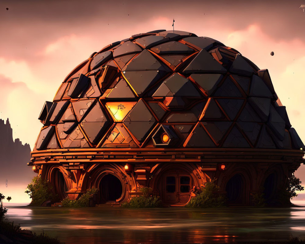 Futuristic geodesic dome with wooden accents on tranquil lakeshore at sunset