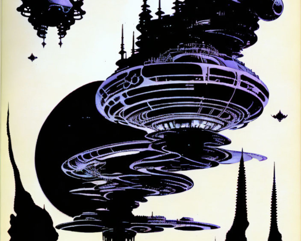 Retro-futuristic illustration of flying saucers and spire-like buildings