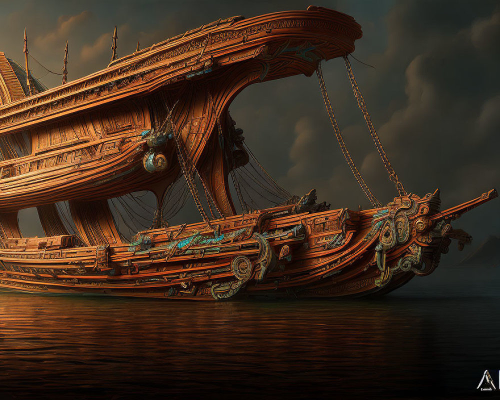 Ancient ship with intricate carvings on calm waters at dusk