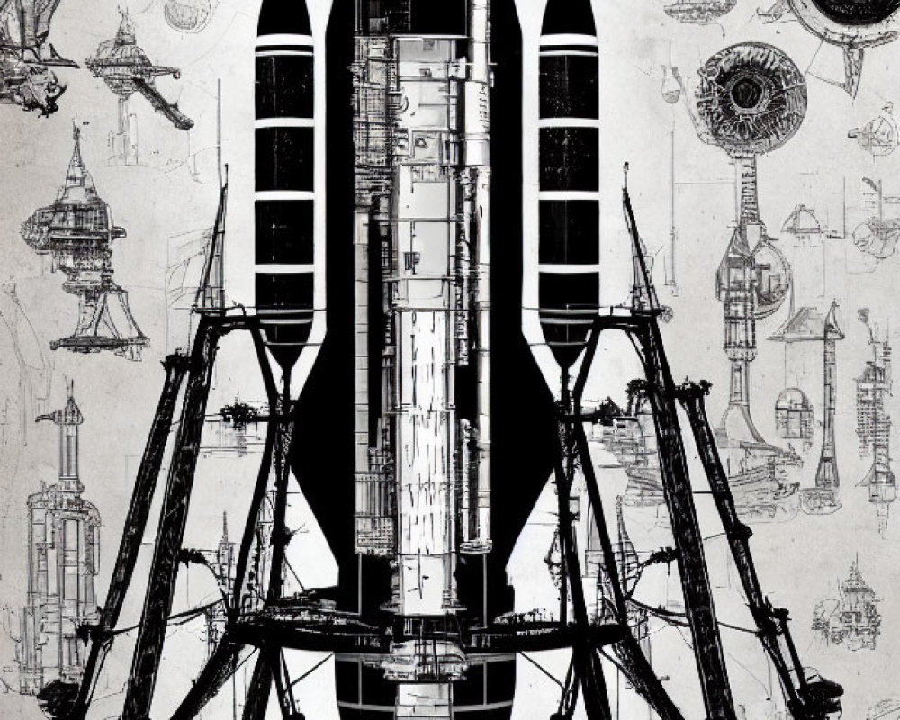 Detailed black and white blueprint-style rocket cross-section illustration.