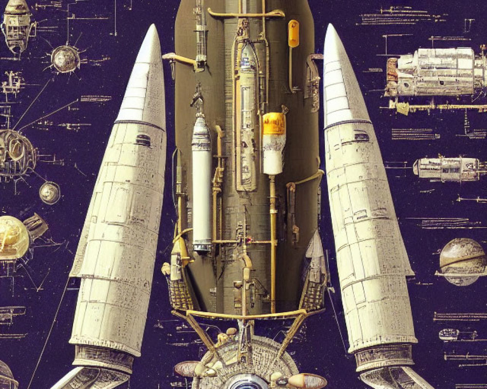 Detailed illustration of space shuttle with spacecraft, modules, and satellites against dark background.