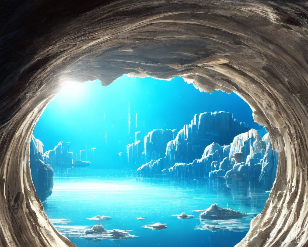 Subterranean lake with natural light, rocky formations, and reflections