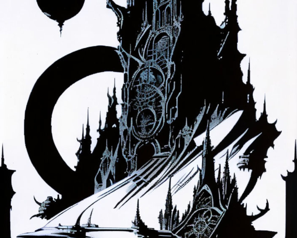 Stylized black and white gothic architecture with crescent moon and orbs