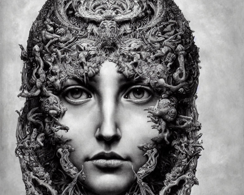 Monochrome art: Person with detailed floral and baroque headdress.