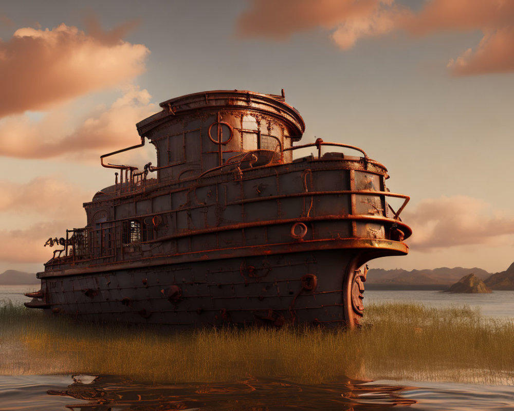 Rusted shipwreck in shallow waters with mountain backdrop at sunset