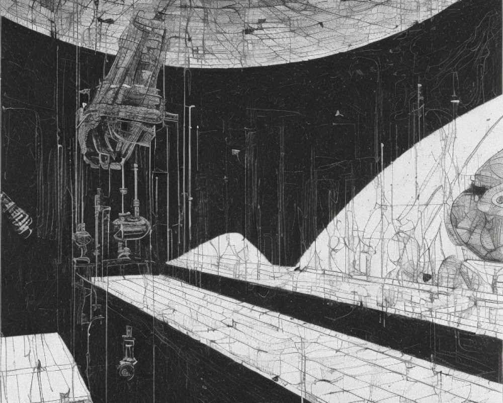 Monochromatic sci-fi sketch of domed structure with futuristic machinery and surreal landscape.