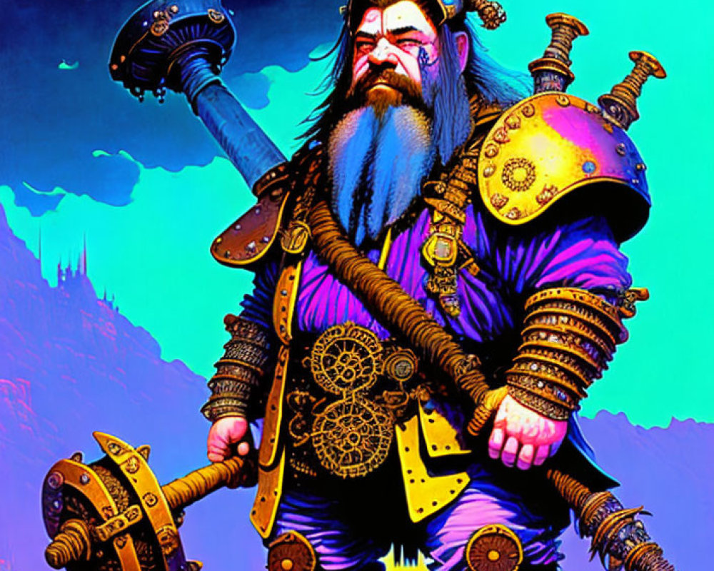 Vibrant steampunk dwarf with mechanical armor and hammer in colorful fantasy scene