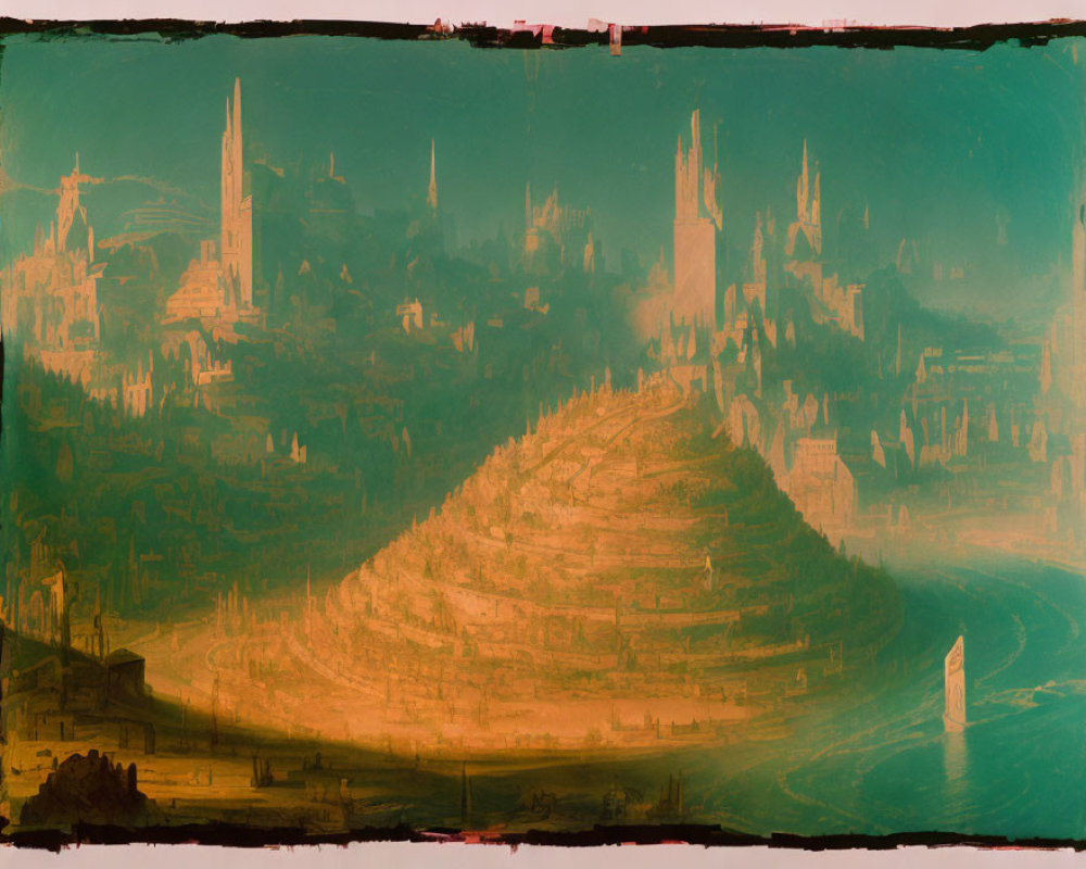 Fantastical cityscape with towering spires over water in warm sepia tones