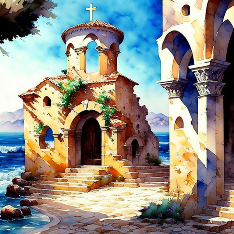 Sunlit seaside chapel with archway in vibrant watercolor