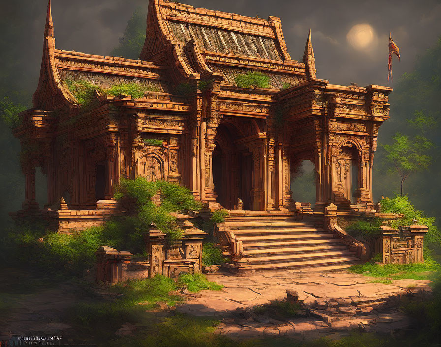 Ancient temple with intricate carvings in lush forest setting