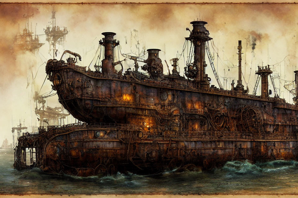 Steampunk-style battleship with intricate metalwork and gears in an industrial harbor.