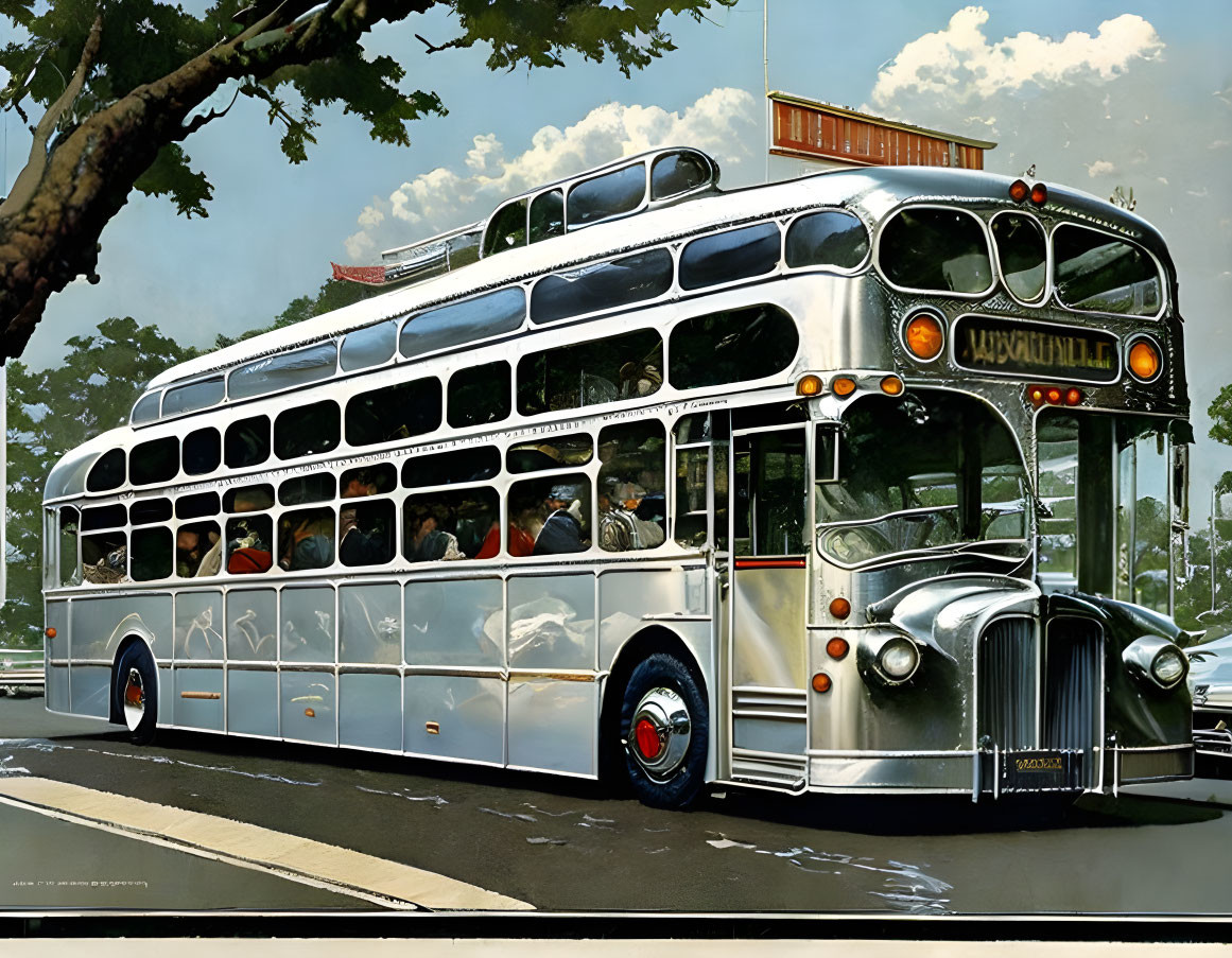 Silver double-decker bus with "MACONVILLE" destination sign parked under tree