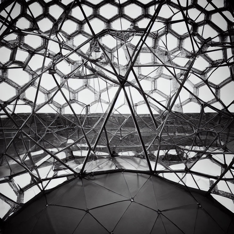 Monochrome photograph of intricate hexagonal dome structure