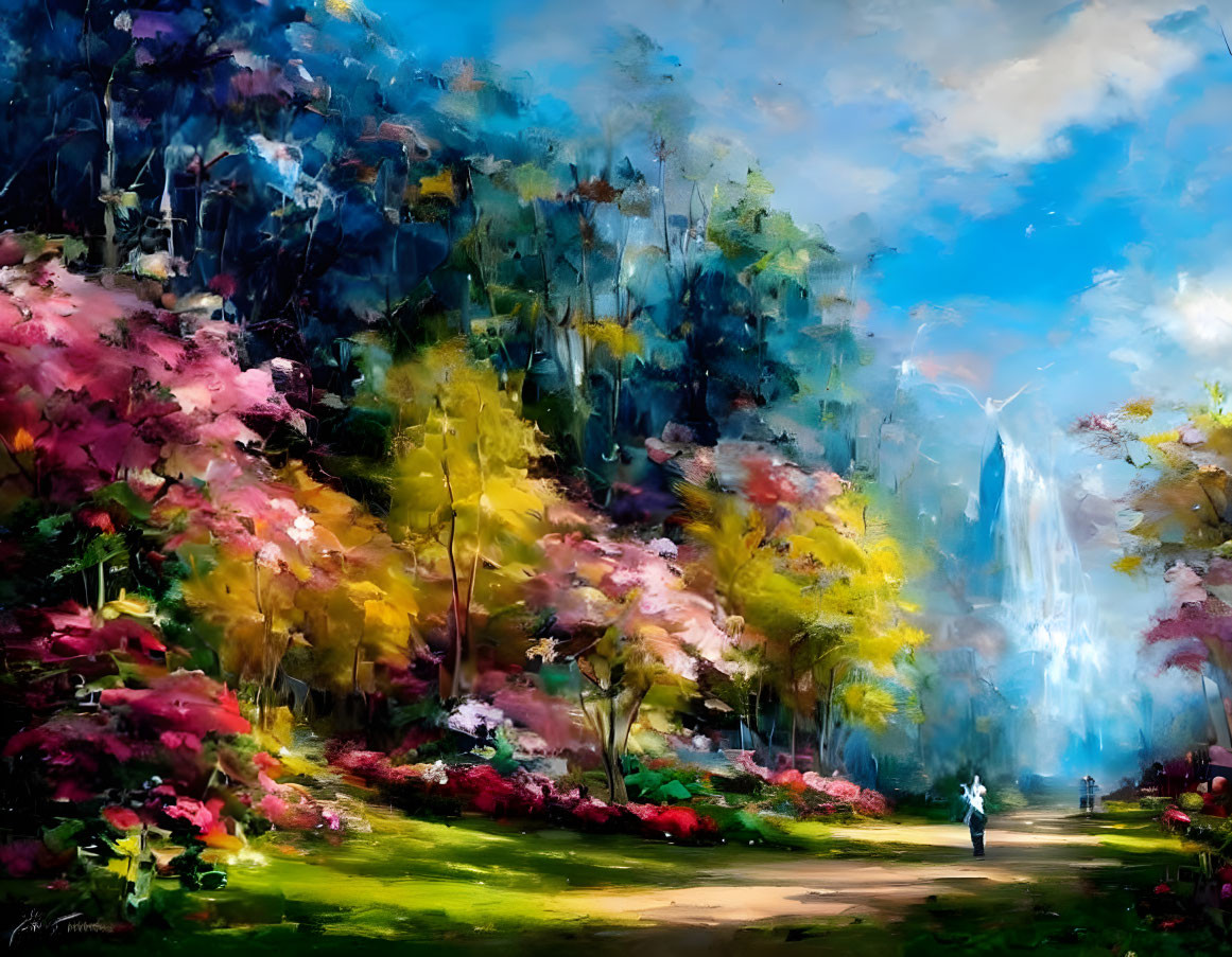 Colorful Impressionist Painting of Forest Path & Waterfall