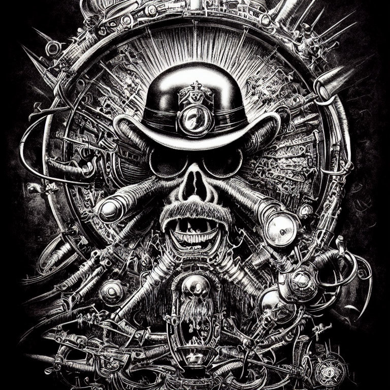 Monochromatic skull with military hat and mechanical elements