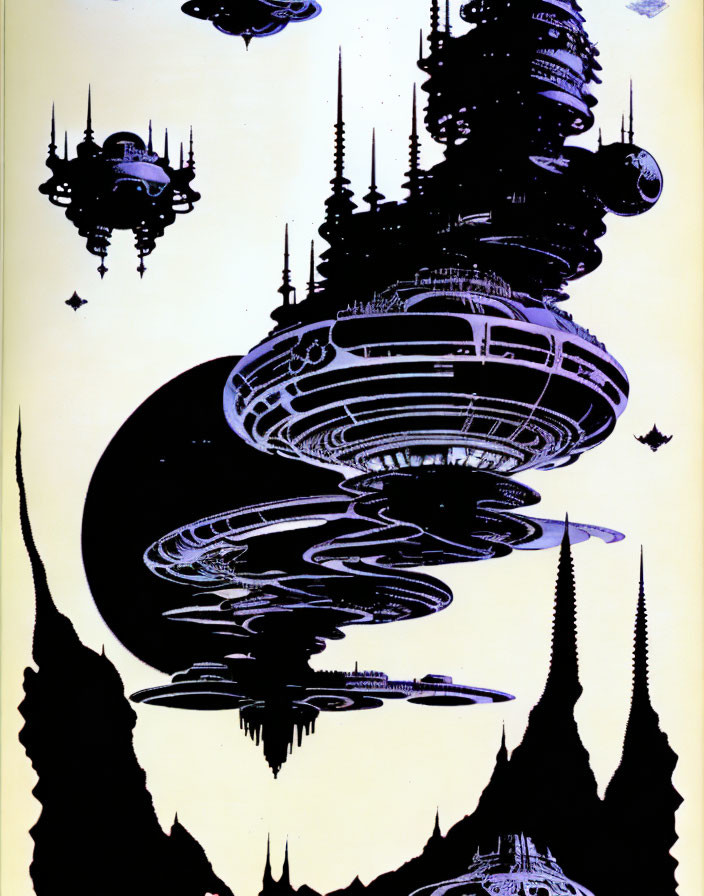 Retro-futuristic illustration of flying saucers and spire-like buildings